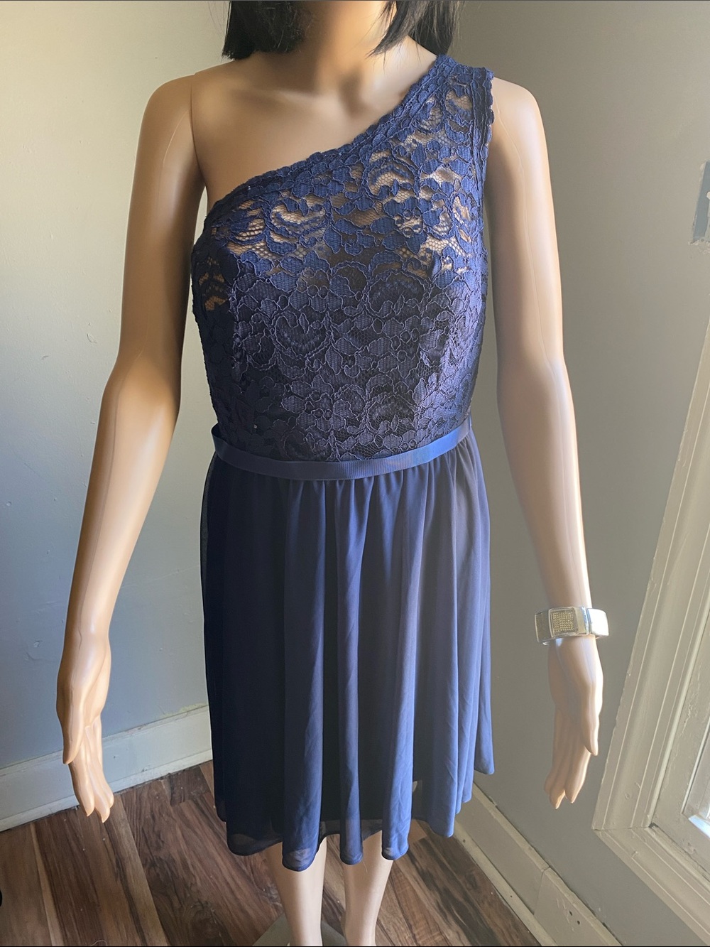 One-Shoulder Navy Lace Wedding Guest Dress